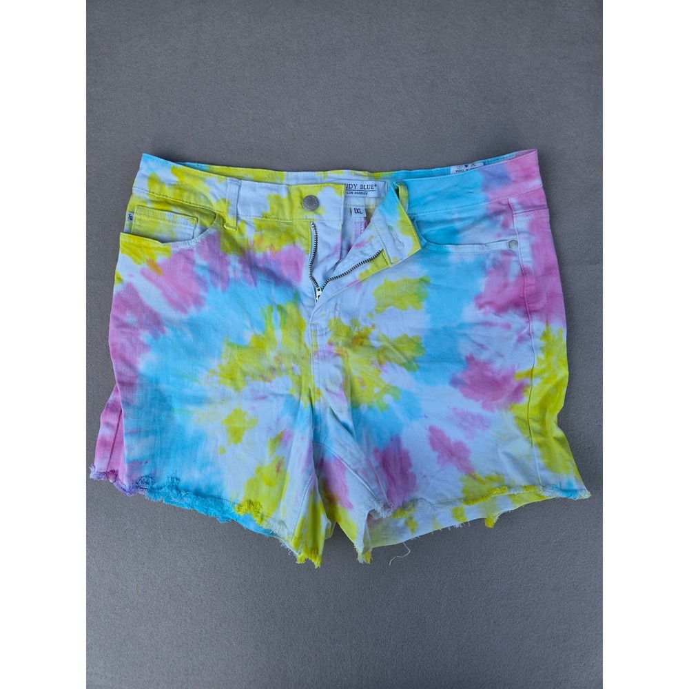 Judy Blue Tie Dye Denim Shorts Multi Color Frayed Hem 1XL JB150082 High Rise